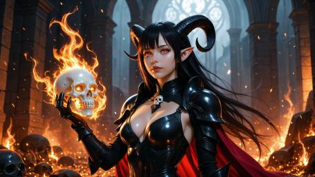 Infernal Demoness in Black Latex Holding a Flaming Skull wallpaper