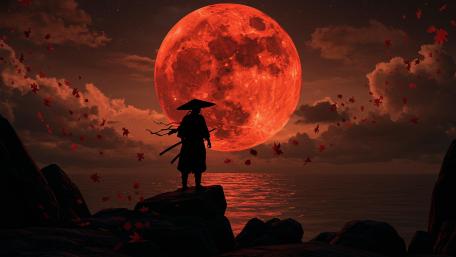 Samurai Silhouette Before a Giant Blood Moon Over the Sea wallpaper