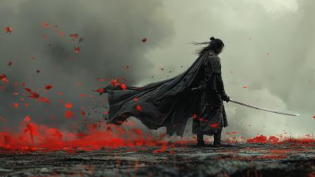 Fogbound Ronin with Katana Amid Crimson Falling Leaves wallpaper