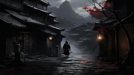 Lone Ninja Wanderer Through Rainlit Oriental Streets at Dusk wallpaper