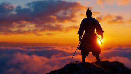 Samurai Sentinel Above the Cloud Sea at Burning Sunset wallpaper
