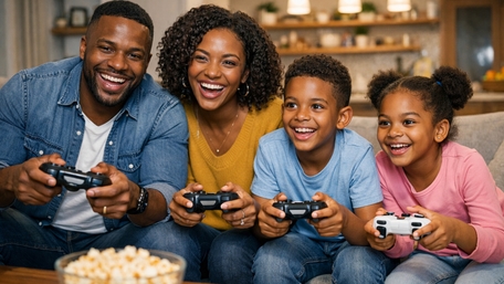 Family Game Night With Controllers Shared Smiles And Friendly Competition wallpaper