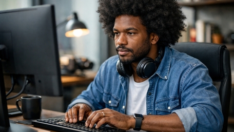 Focused Office Workflow with Headphones and Warm Desk Light wallpaper