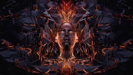 Neon Shard Oracle Emerging From Cybernetic Darkness wallpaper