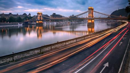 Twilight Light Trails at Budapest Chain Bridge Over the Danube wallpaper