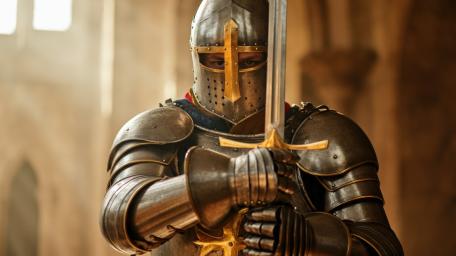 Golden Cross Helm Knight in Sunlit Medieval Hall wallpaper