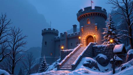 Moonlit Winter Château of the Silent Guardians wallpaper