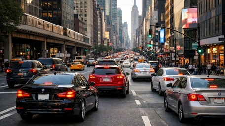 Rush Hour Pulse Through Midtown Streetscape wallpaper