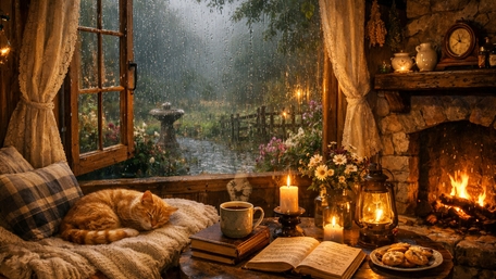 Rainy Hearthside Haven with Sleeping Ginger Cat wallpaper