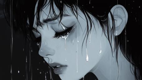 Monochrome Tears of a Lonely Anime Girl in the Rain wallpaper