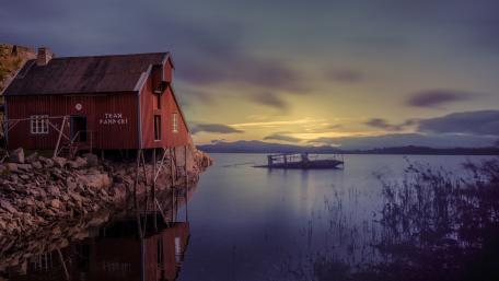 Twilight Serenity Over a Lofoten Cottage by the Still Fjord wallpaper