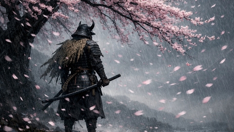 Solitary Samurai Under Cherry Blossom Rain at Foggy Dawn wallpaper