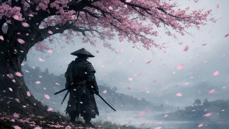 Lonely Samurai Beneath Sakura Storm in Misty Dawn wallpaper