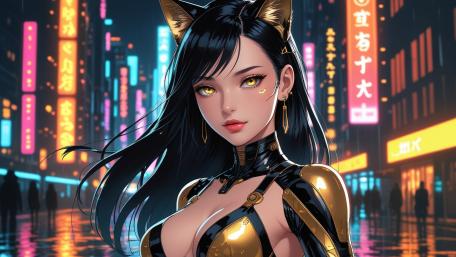 Neon Rain Nekomimi Guardian in Glossy Latex Armor wallpaper