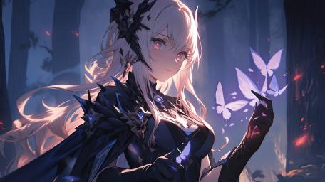 Moonlit White Haired Anime Girl Summoning Butterflies in Mystic Forest wallpaper
