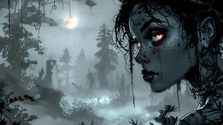 Moonlit Demoness in Monochrome Misty Forest wallpaper