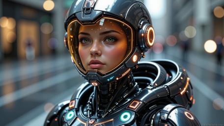 Neon Starlight Voyager Female Astronaut in a Futuristic City wallpaper