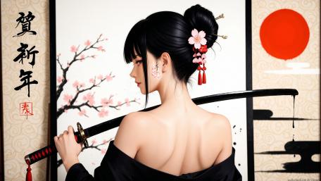 Cherry Blossom Katana Guardian in Serene Oriental Anime Elegance wallpaper