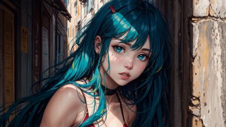 Blue Haired Anime Girl in Sunlit Alley Dreamscape wallpaper