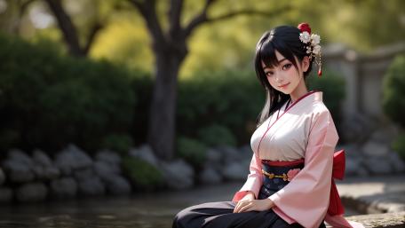 Serene Kimono Girl by the Riverside in Soft Spring Light wallpaper