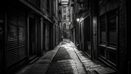 Midnight Monochrome Cobblestone Alley in a Silent City wallpaper