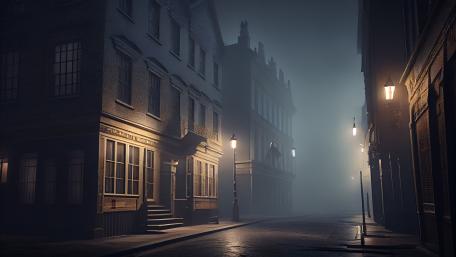 Lanternlit Fog Street in a Silent Fantasy City Night wallpaper