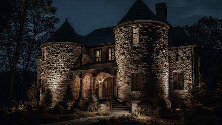 Moonlit Stone Mansion with Castle Towers in Deep Night wallpaper