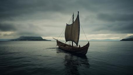 Silent Viking Longship Sailing Through Stormy Nordic Waters in 4K wallpaper