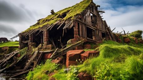 Forgotten Grass Roof Ruins on a Windy Hillside wallpaper