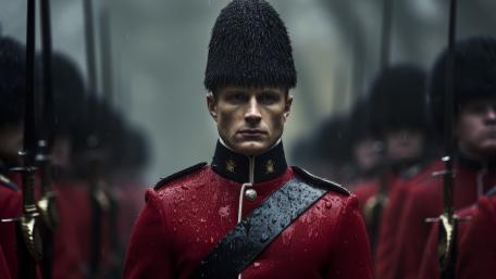 Stoic Guard in Rainy Parade Formation 5K AI Art Wallpaper wallpaper