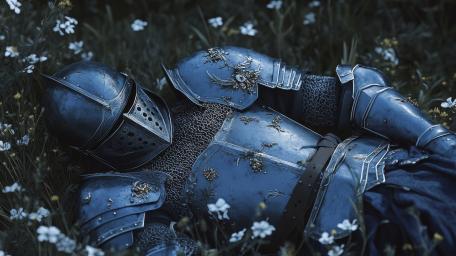 Fallen Moonlit Knight Resting in Wildflower Meadow 4K Fantasy Art wallpaper
