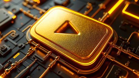 Golden Play Button Circuit Core in Futuristic 4K Techscape wallpaper