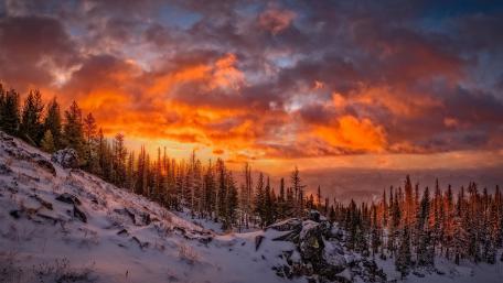 Blazing Winter Sunset Over Snowy Pines and Rocky Hillside wallpaper