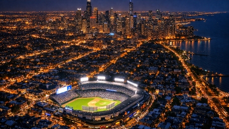 Neon Metropolis Night Stadium Glow Beside the Waterfront Skyline wallpaper