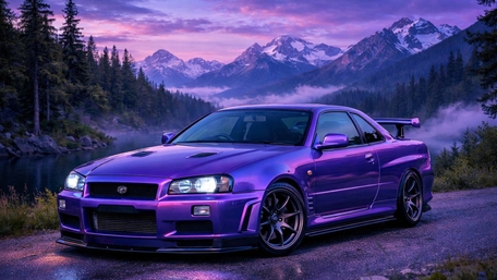 Purple Nissan Skyline JDM Legend by Misty Alpine Lake at Dusk wallpaper