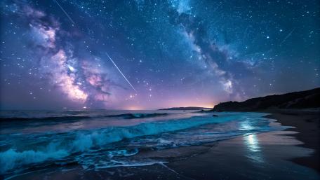 A serene night ocean with bioluminescent waves glo wallpaper
