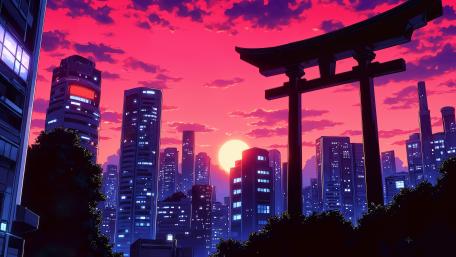 Neon Sunset Over Torii Gate in a Dreamy Anime Cityscape wallpaper