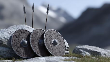 Weathered Viking Shields and Spears in Mountain Battlefield 4K Wallpaper wallpaper