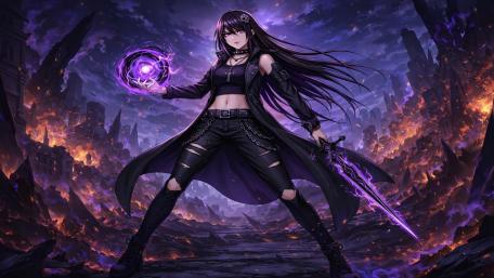 Gothic Anime Swordswoman Summons Violet Magic in a Burning Ruinscape 4K wallpaper