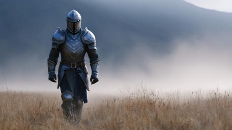 Lone Armoured Crusader Walking Through Misty Fields at Dawn wallpaper