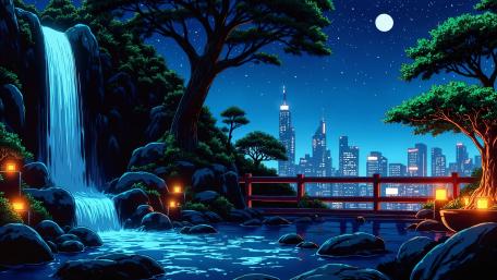 Moonlit Waterfall Haven Overlooking a Neon Anime City Skyline wallpaper