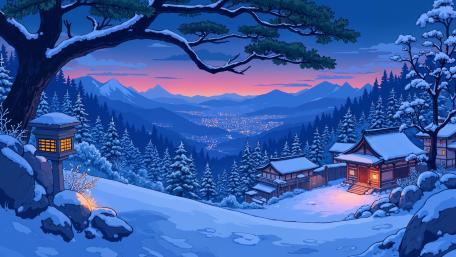 Serene Anime Winter Night Over Mountain Village in Japan wallpaper