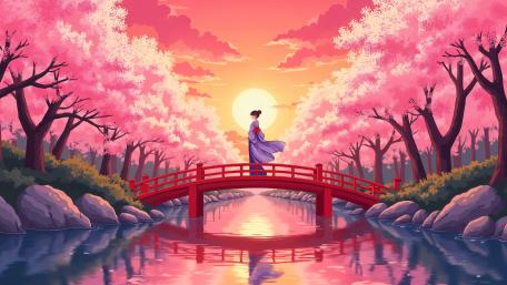 Geisha on Red Bridge Beneath Sakura Sunset in Anime Spring wallpaper
