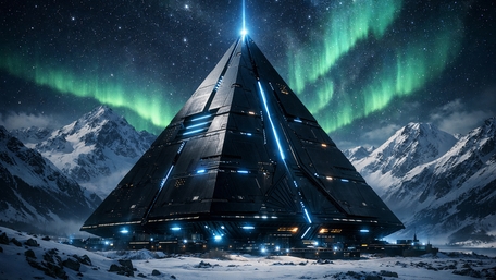 Mystic Aurora Pyramid Over Frozen Peaks in Futuristic Arctic Night wallpaper