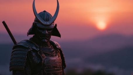 Twilight Oni Samurai in Black Armour Above Misty Mountains wallpaper