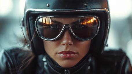 Focused Rider in Leather Helmet and Goggles 5K Close Up wallpaper