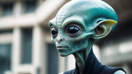 Silent Visitor With Vast Eyes in a Futuristic Cityscape wallpaper