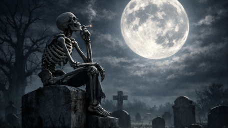 Moonlit Graveyard Break With a Smoking Skeleton wallpaper