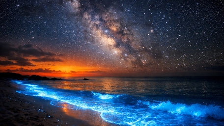 Milky Way Over Bioluminescent Shoreline at Midnight wallpaper