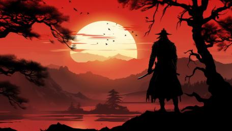 Lonely Rōnin Silhouette at Crimson Dusk Over Silent Mountains wallpaper